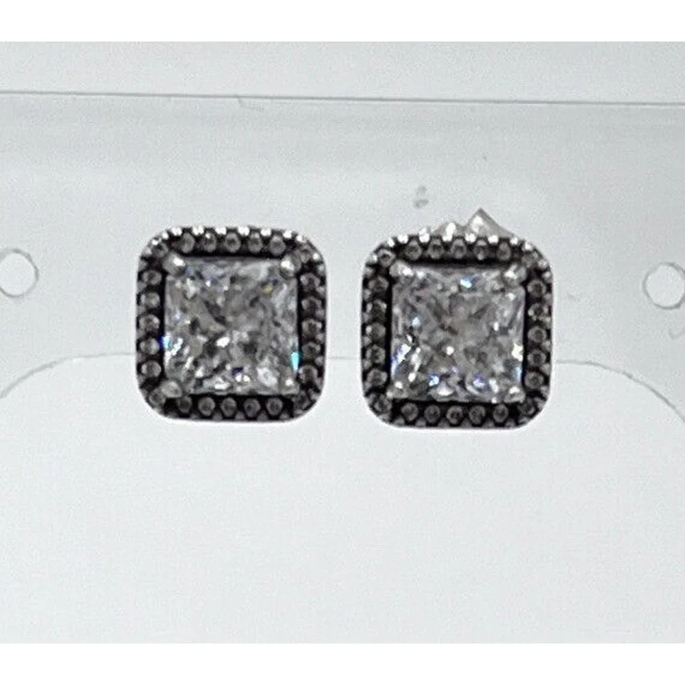 Pandora Timeless Elegance Sterling Silver Square Halo CZ Sparkle Stud Earrings